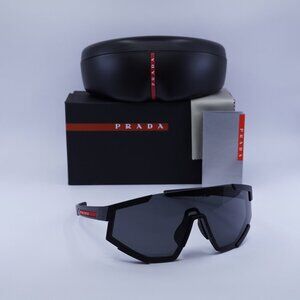 Prada PS04WSF DG006F Shield Sunglasses – Black Rubber/Dark Grey